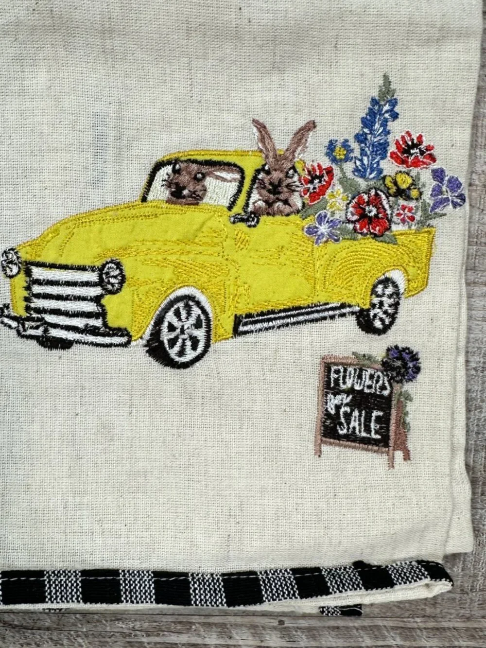 NWT Pier 1 Embroidered Tea Towel Check Trim Bunny Yellow Truck Flowers For Sale